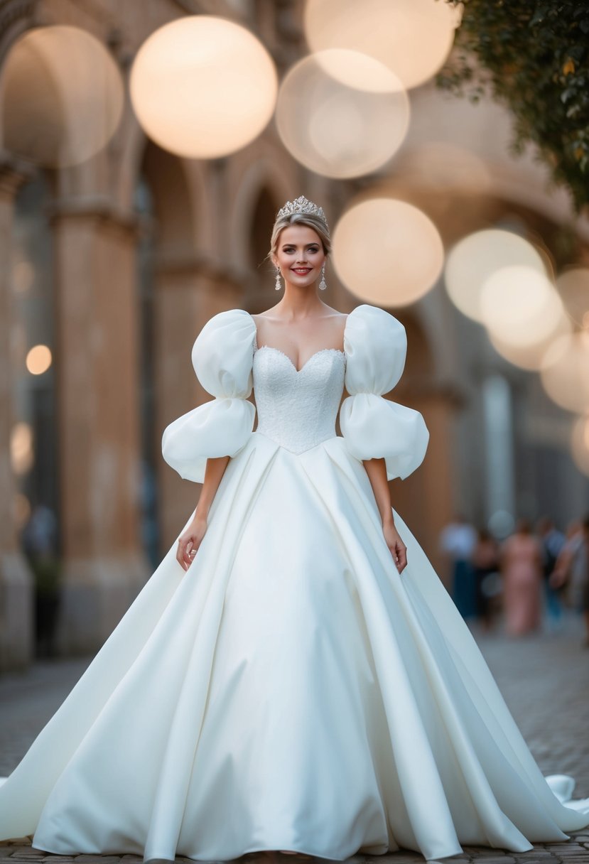 A flowing Belle gown with billowing balloon sleeves in a whimsical Cinderella-inspired wedding dress design