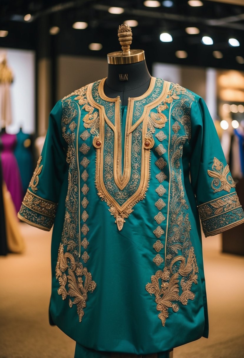 An ornate agbada with intricate embroidery displayed on a mannequin