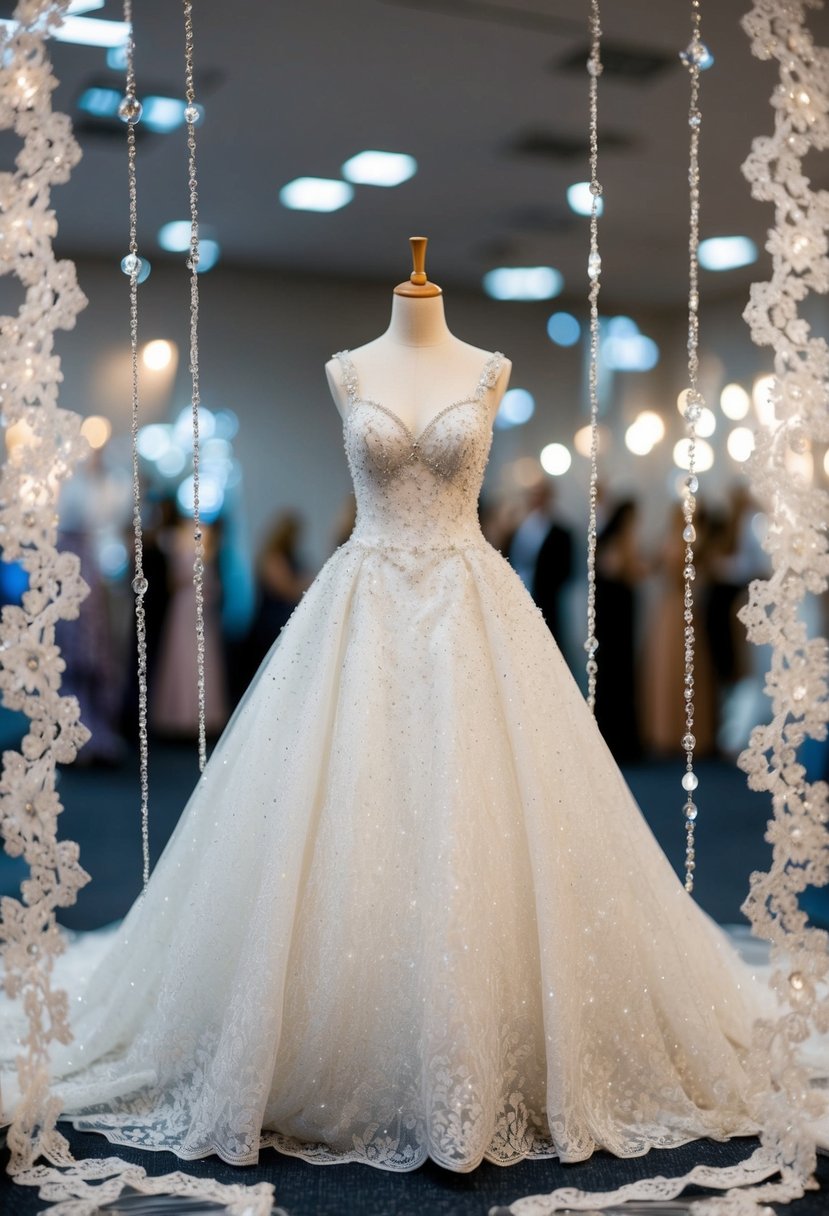 A sparkling Cinderella wedding dress displayed on a mannequin, surrounded by delicate lace and shimmering beads