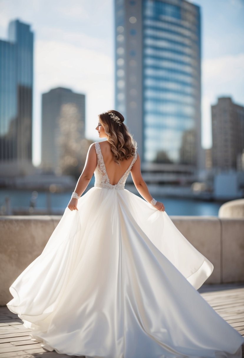 A flowing white wedding dress with sparkling satin sashes