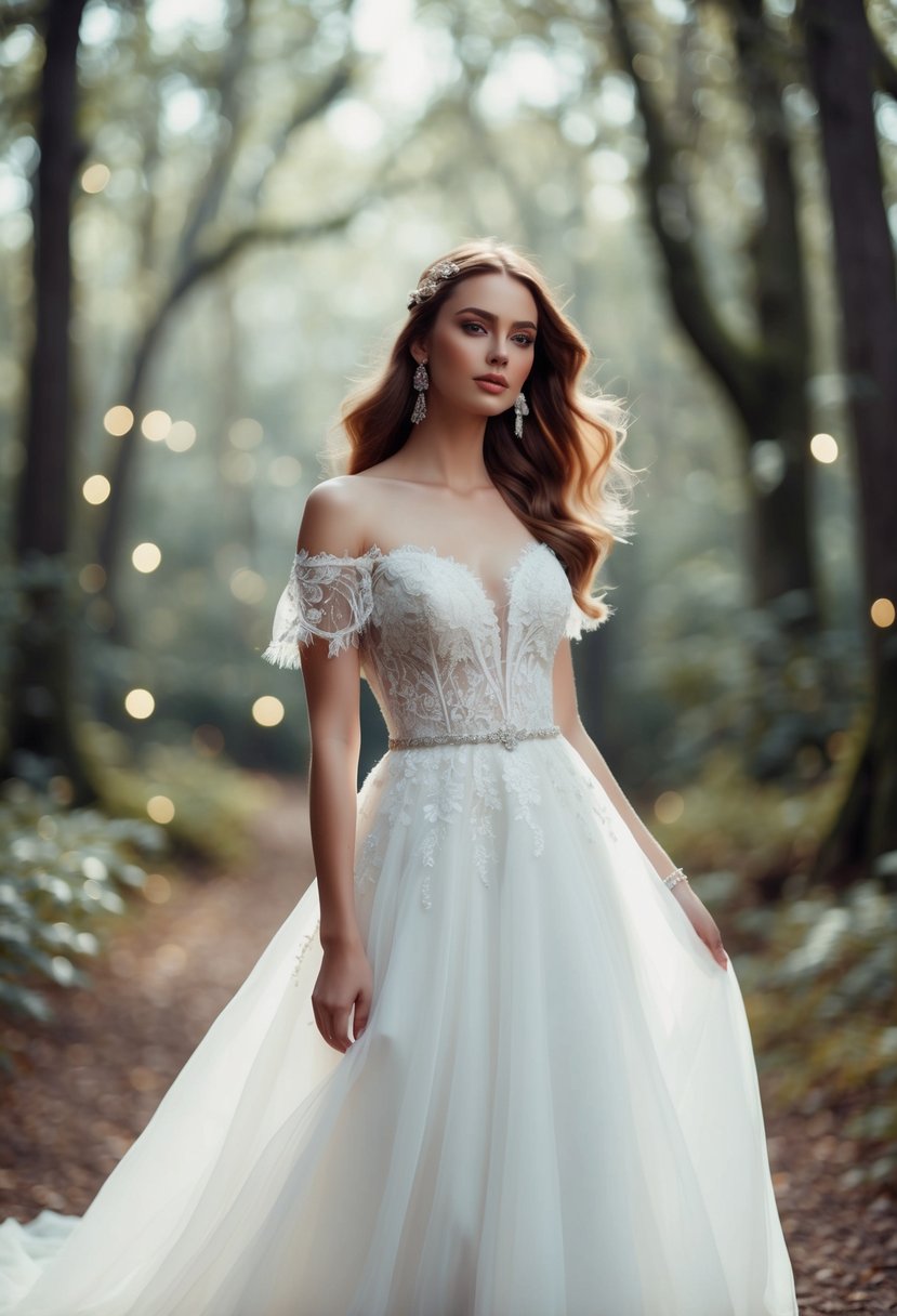 A flowing off-shoulder wedding dress with delicate lace and shimmering details, set against a dreamy, enchanted forest backdrop