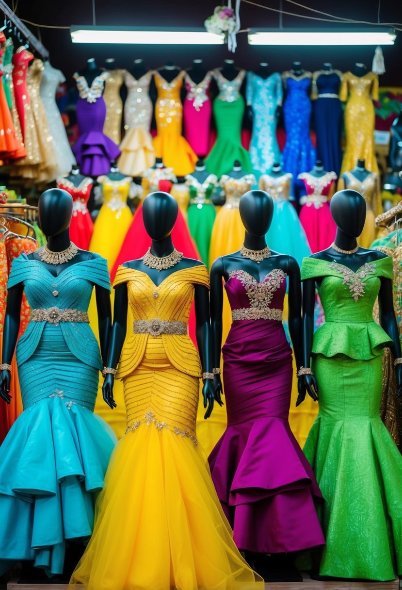 A colorful array of Iro and Buba wedding dresses displayed on mannequins in a vibrant Nigerian market setting