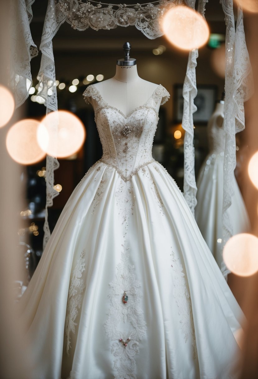 A vintage-inspired Cinderella wedding dress displayed on a mannequin, surrounded by delicate lace and shimmering embellishments