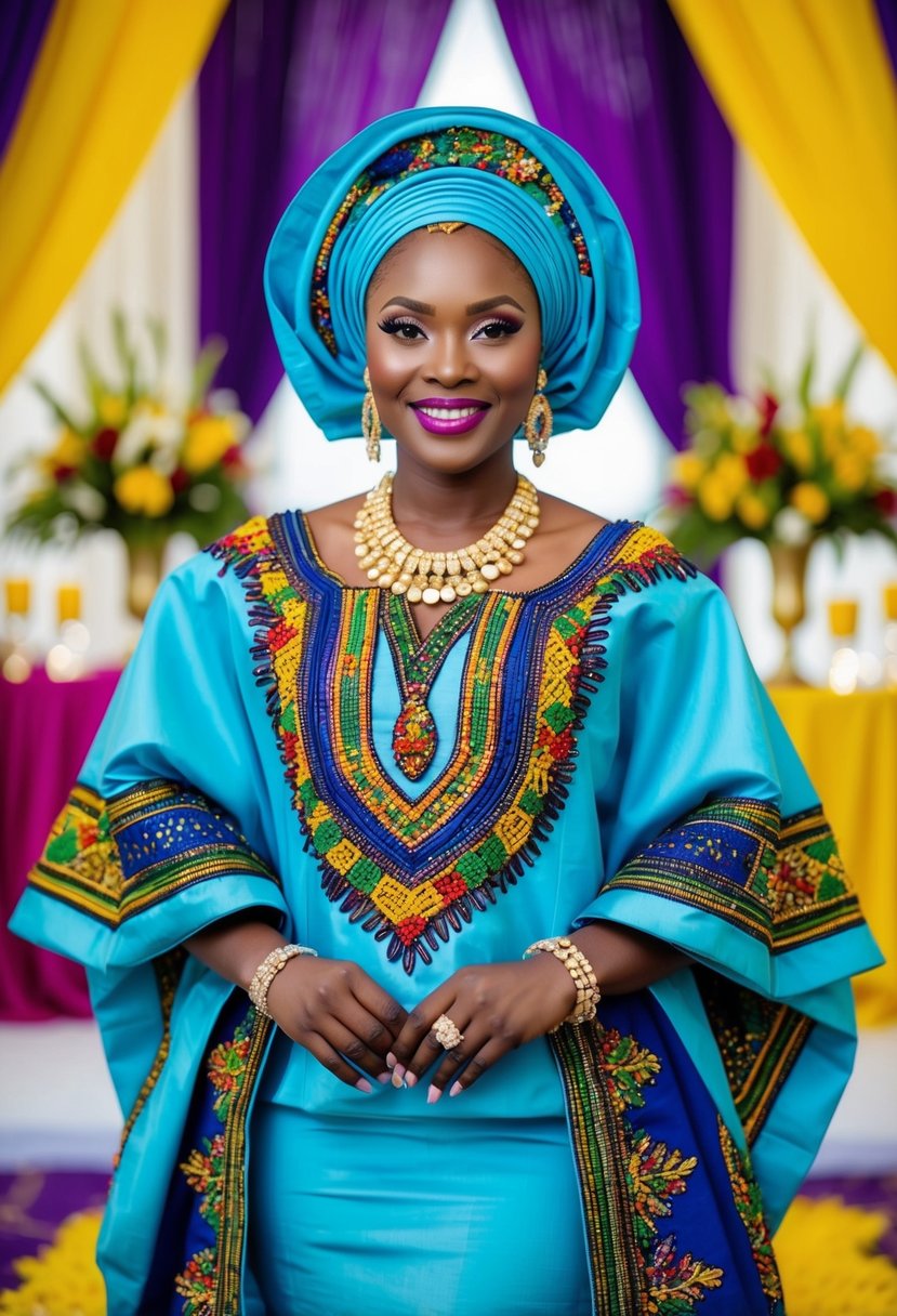 A bride wearing a colorful traditional Sokoto and Buba dress with intricate embroidery and beadwork, standing in front of a vibrant Nigerian wedding setting