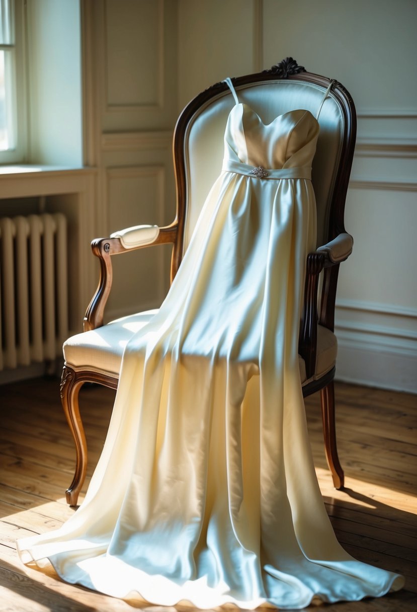 A flowing silk wedding dress draped over a vintage chair in a sunlit room