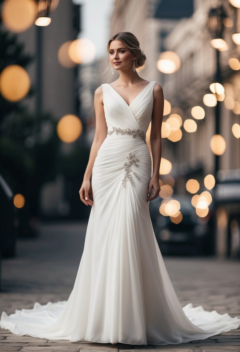 A flowing, floor-length wedding dress with a ruched waistline and delicate embellishments