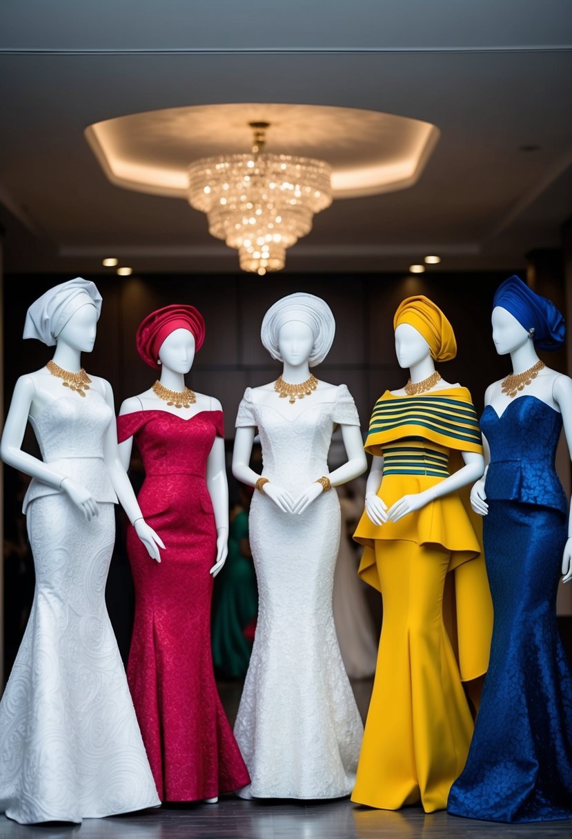 A group of elegantly dressed mannequins display modern Aso-Ebi styles for a Nigerian wedding