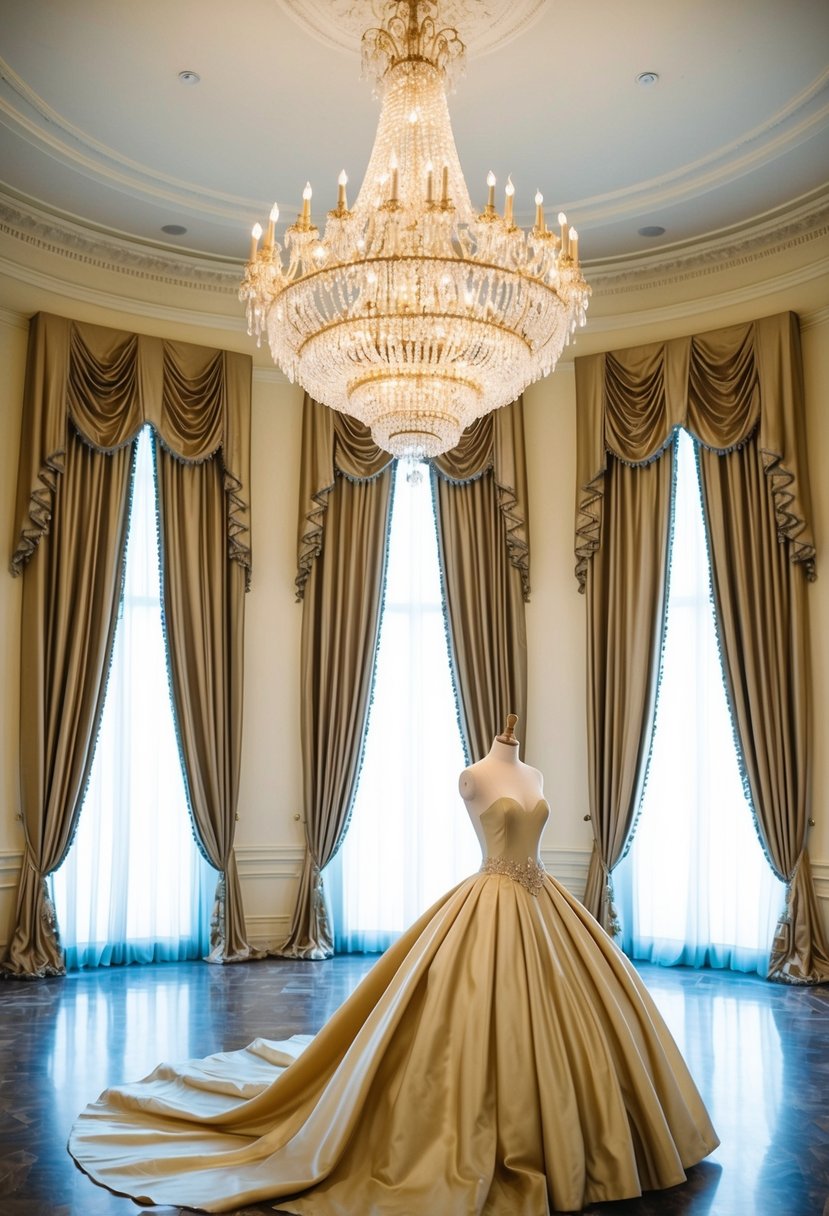 A grand ballroom with a sparkling chandelier, floor-length silk curtains, and a luxurious silk ball gown on a mannequin