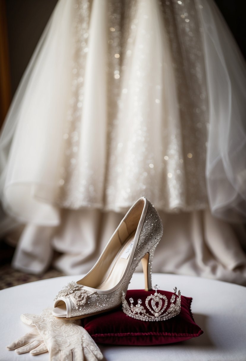 A sparkling glass slipper rests on a velvet pillow, surrounded by delicate lace gloves and a shimmering tiara. A flowing, ethereal wedding dress hangs in the background, adorned with intricate beading and layers of tulle