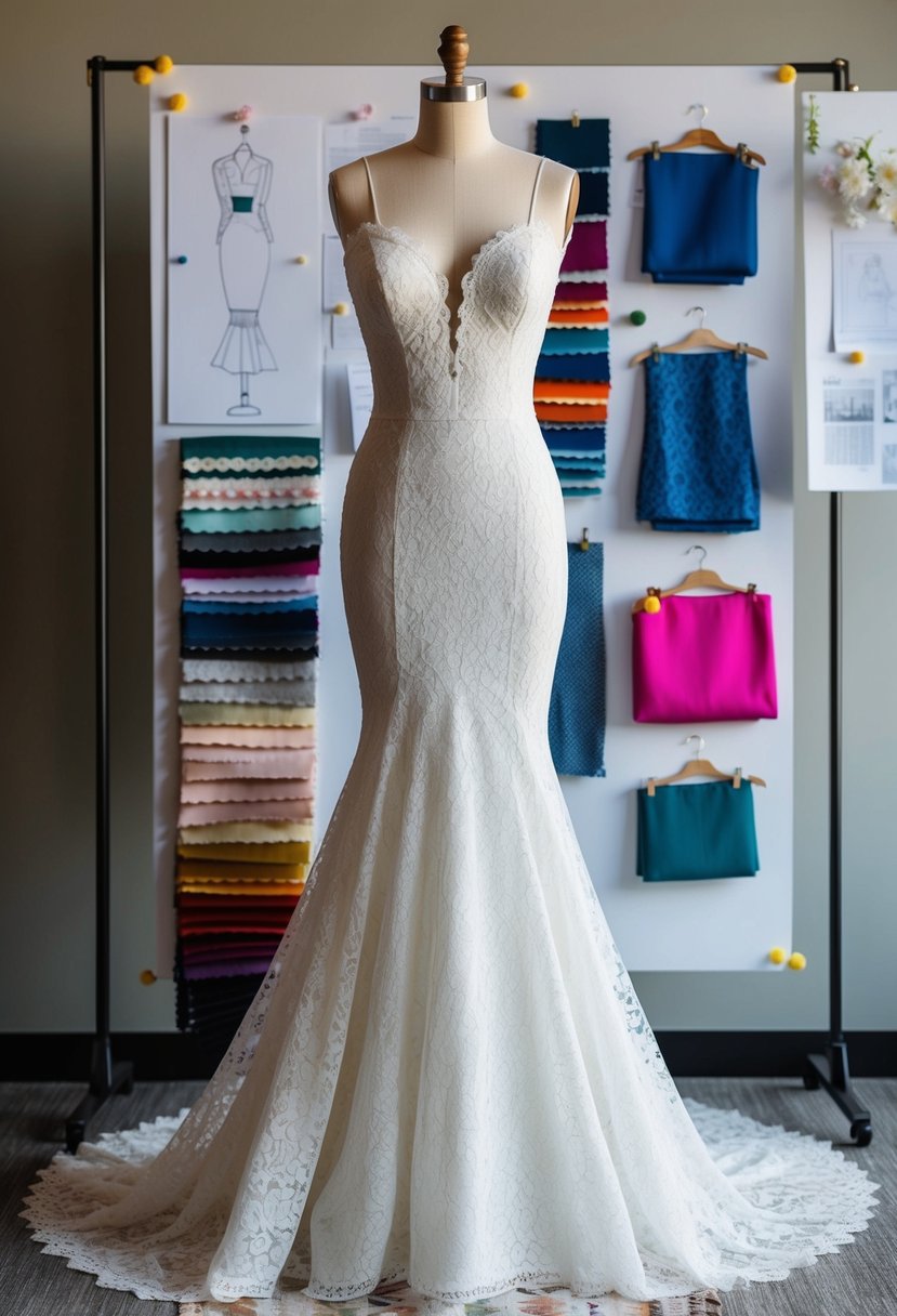 A lace mermaid gown draped over a mannequin, surrounded by colorful fabric swatches and sketches pinned to a mood board