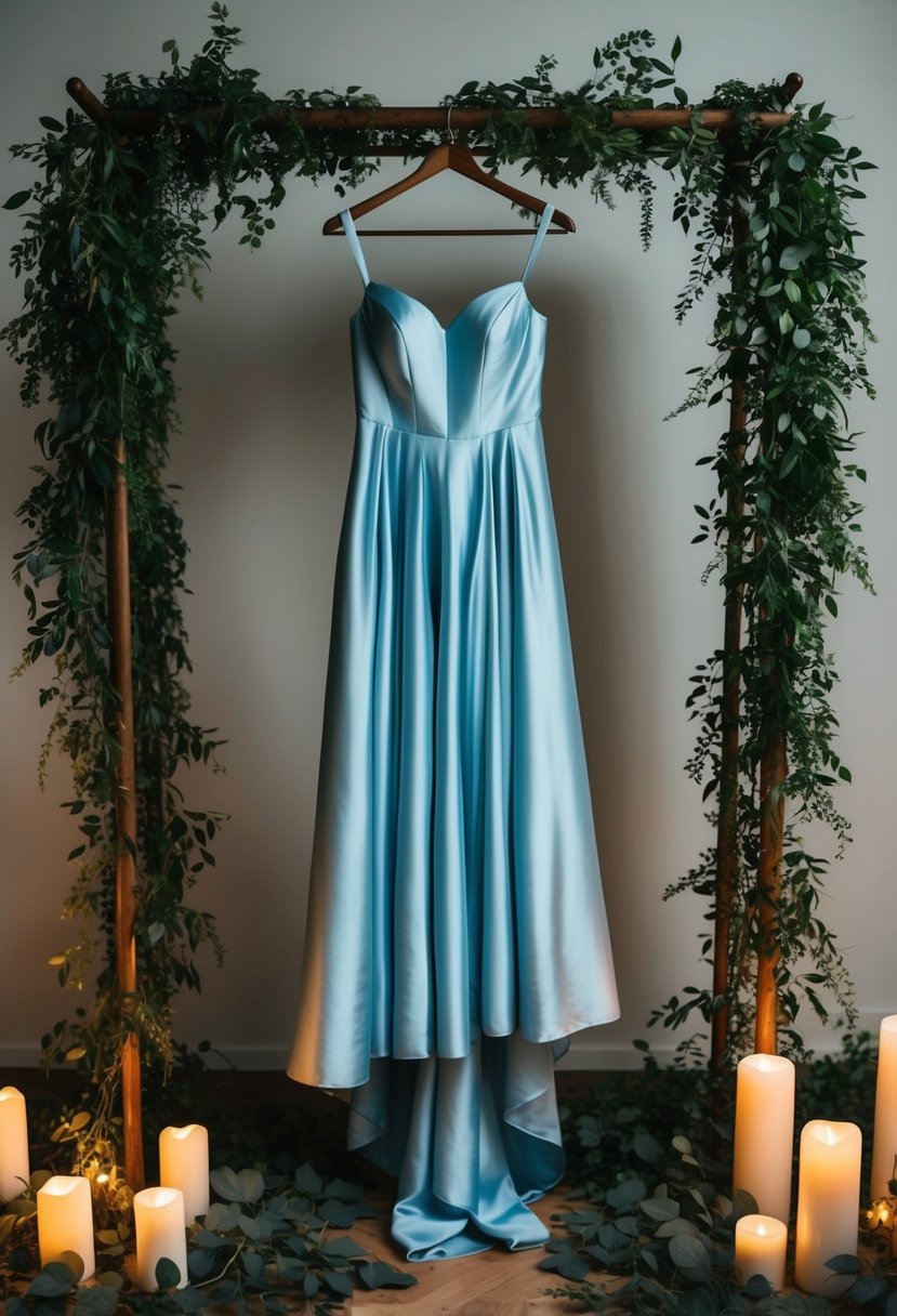 A flowing silk gown hangs from a vintage coat rack, surrounded by lush greenery and soft candlelight