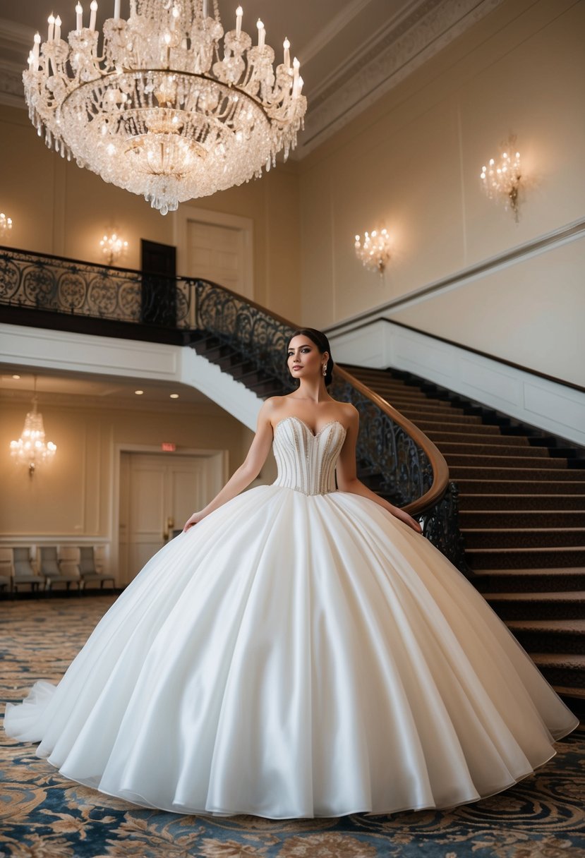 A grand ballroom with a sparkling chandelier, a grand staircase, and a flowing, voluminous ball gown with a fitted bodice and a full skirt