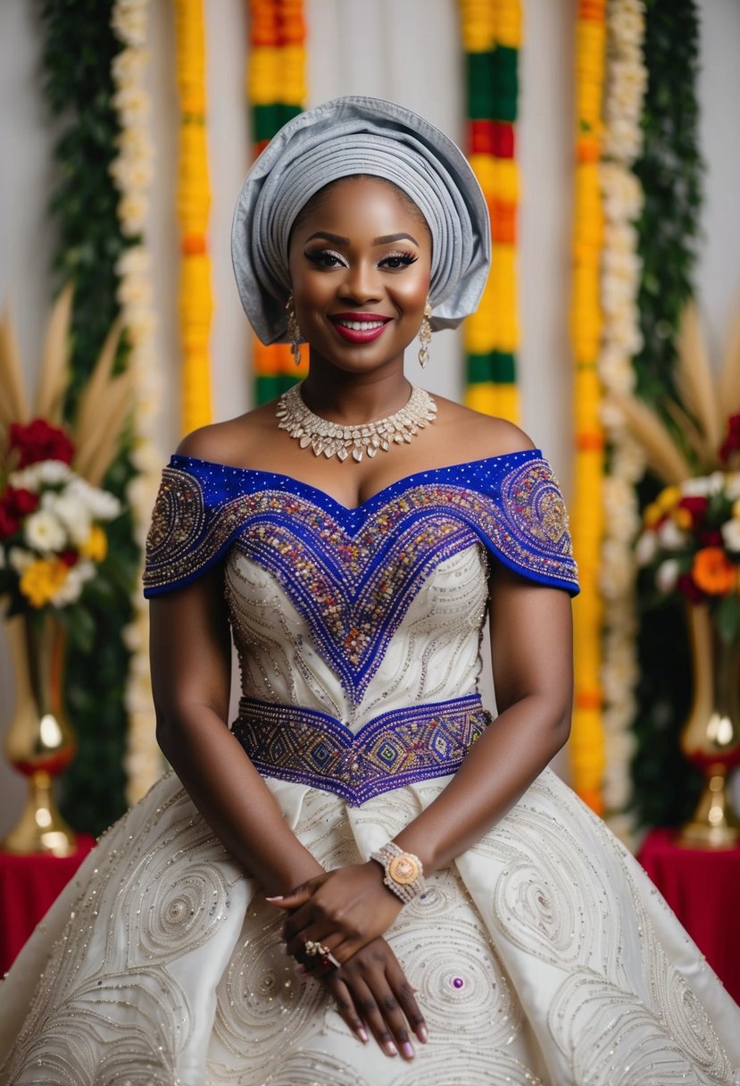 An off-shoulder Aso Oke wedding dress with intricate beadwork and vibrant colors, set against a backdrop of traditional Nigerian wedding decor