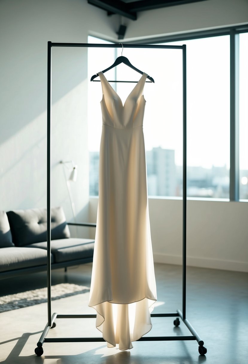 A sleek, modern silk slip wedding dress hangs on a minimalist metal clothing rack in a sunlit room