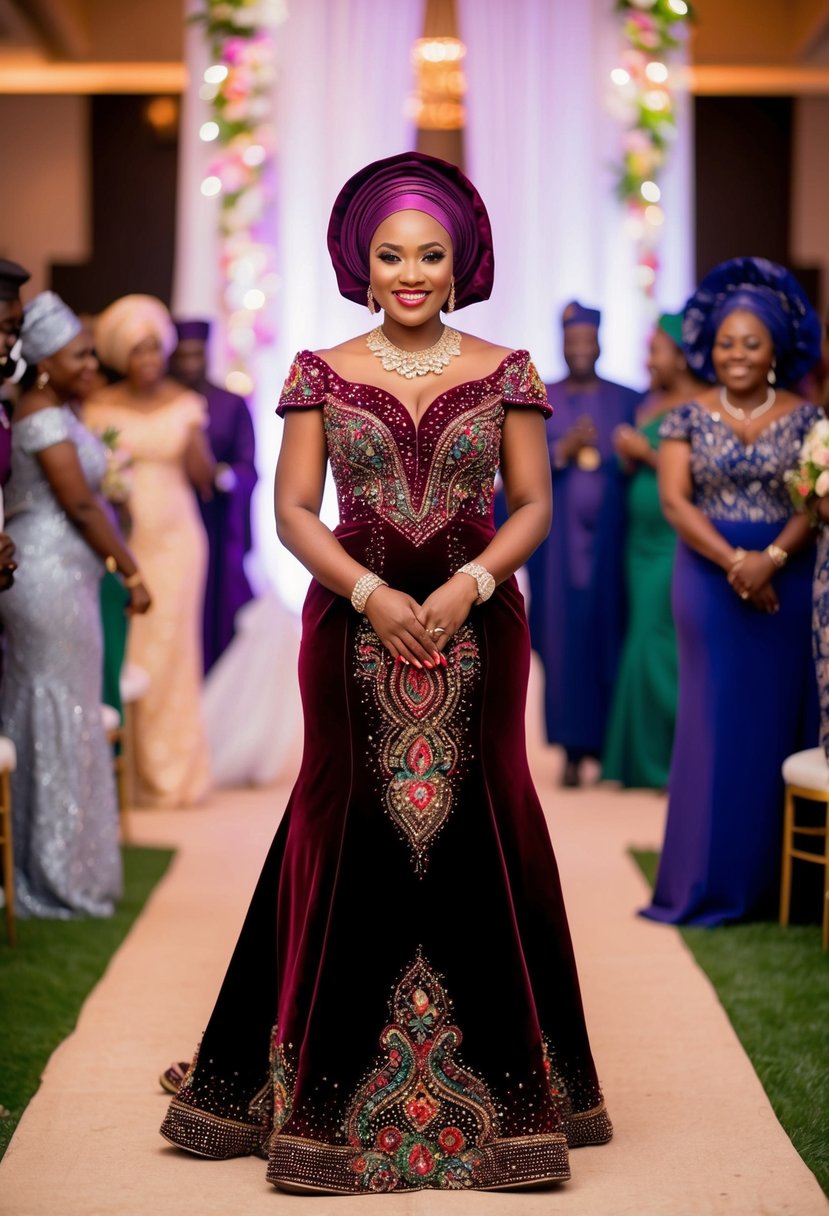 A rich, velvet Aso-Ebi gown in vibrant colors, adorned with intricate embroidery and beading, worn at a lively Nigerian wedding celebration