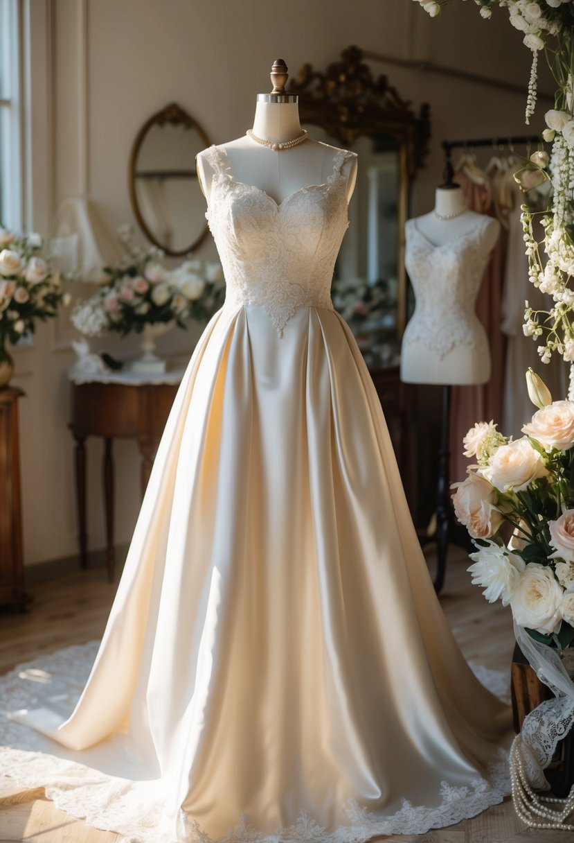 A vintage-inspired silk wedding dress displayed on a mannequin in a sunlit atelier, surrounded by antique lace, pearls, and delicate floral accents