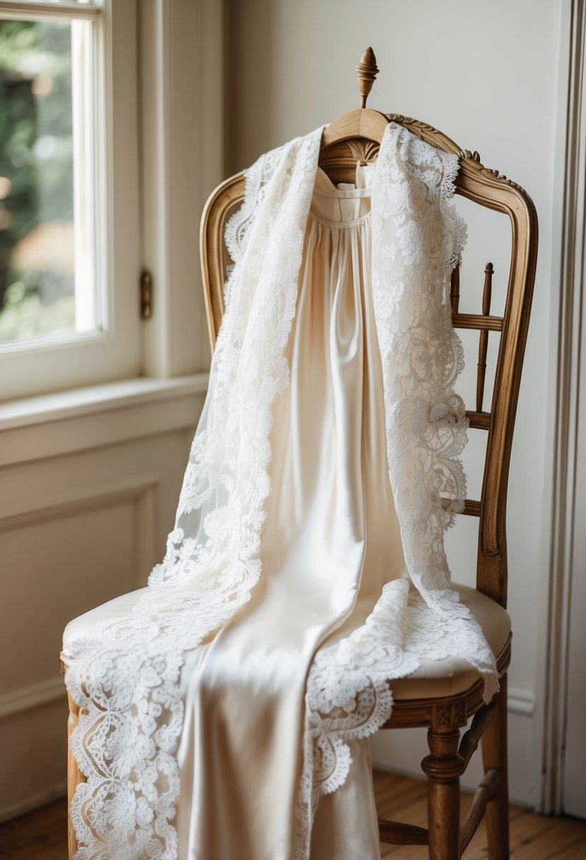 A delicate lace and silk wedding dress draped over a vintage chair in a sunlit room