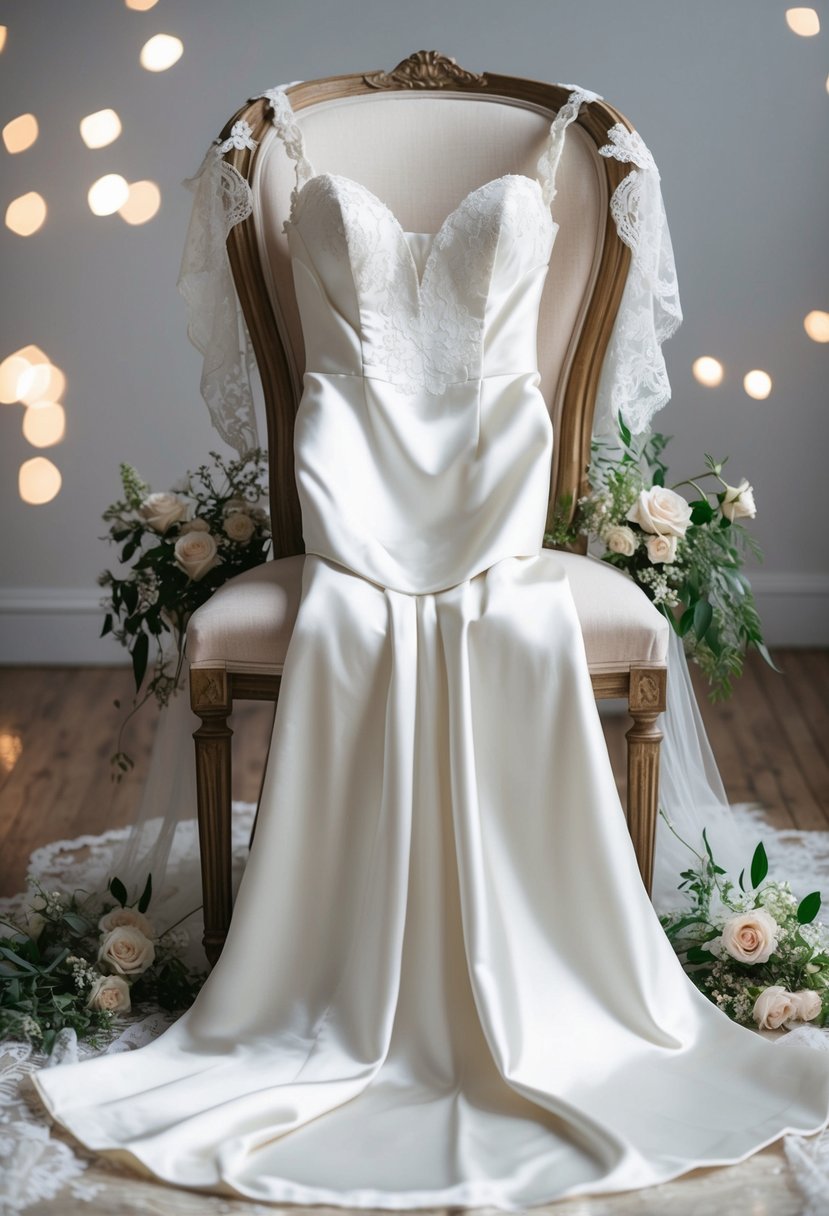 A floor-length silk sheath wedding dress draped over a vintage chair, surrounded by delicate lace and floral accents