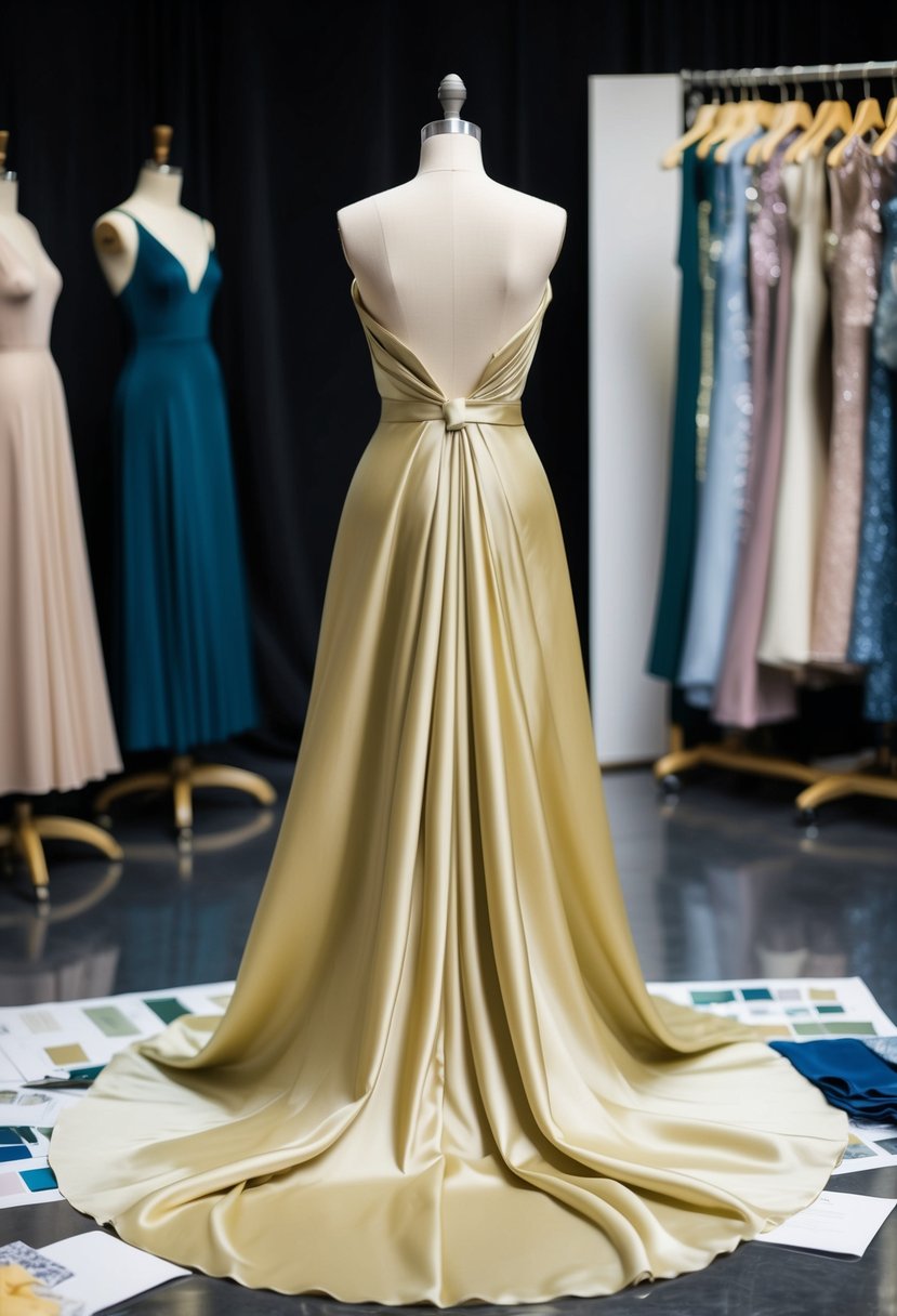 A flowing silk A-line gown draped over a mannequin, surrounded by fabric swatches and sketches