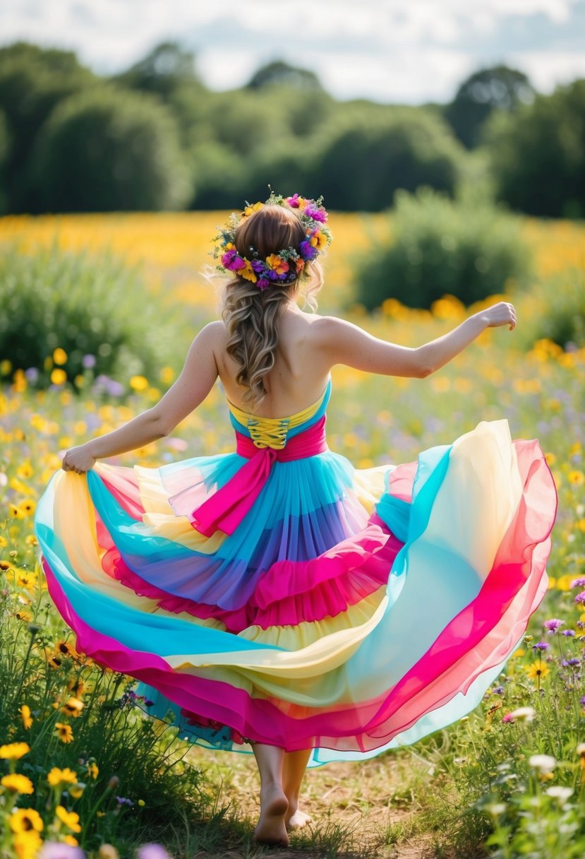 A bride in a colorful, flowing gown dances barefoot in a field of wildflowers, with a wreath of vibrant blooms in her hair