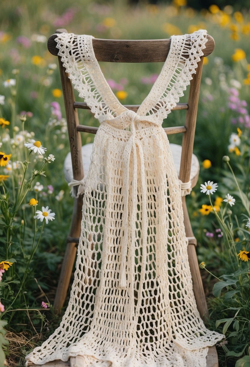 A bohemian crocheted wedding dress drapes over a rustic wooden chair, surrounded by wildflowers and vintage lace