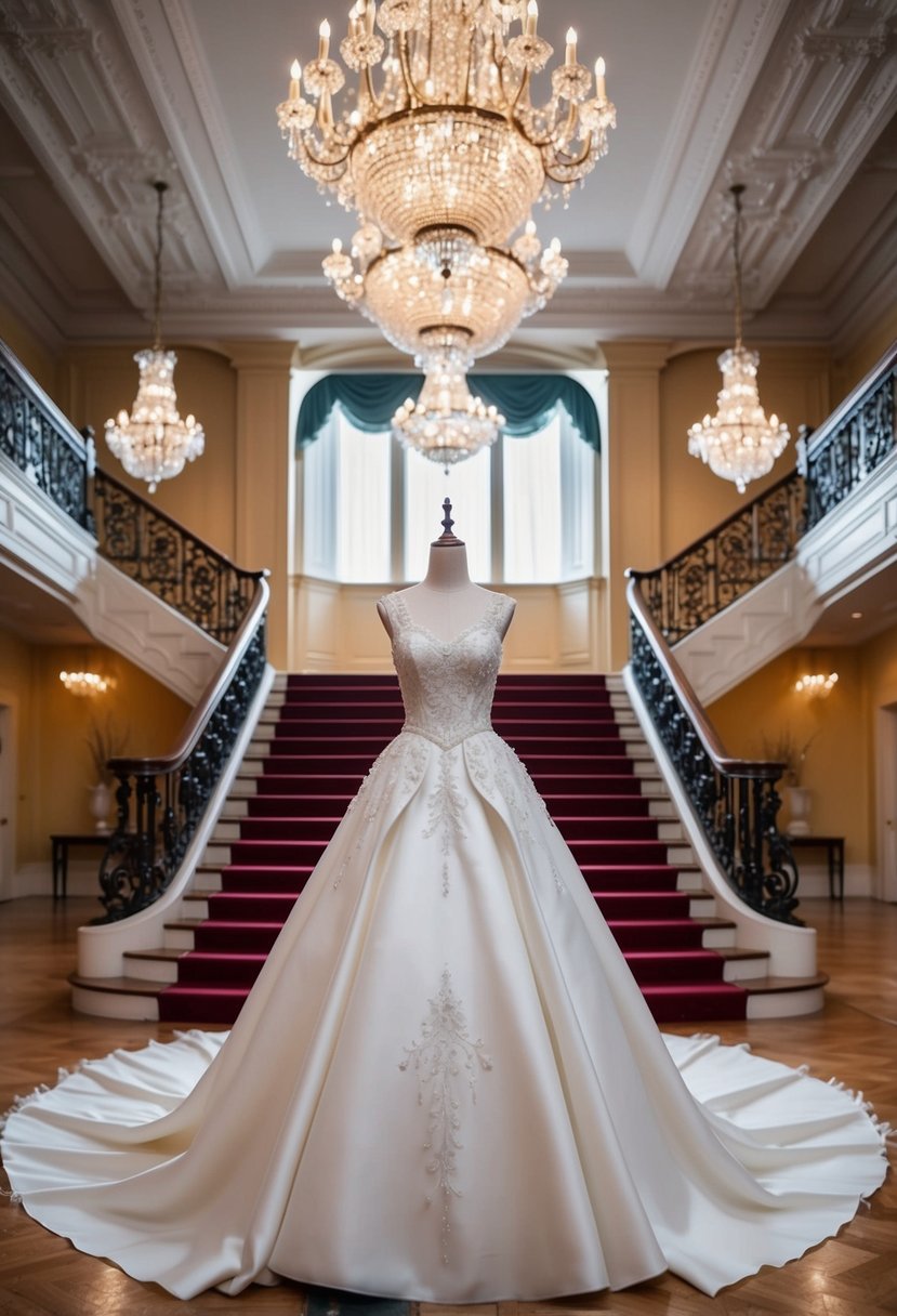 A regal line princess wedding dress displayed on a mannequin in a grand ballroom with ornate chandeliers and a sweeping staircase