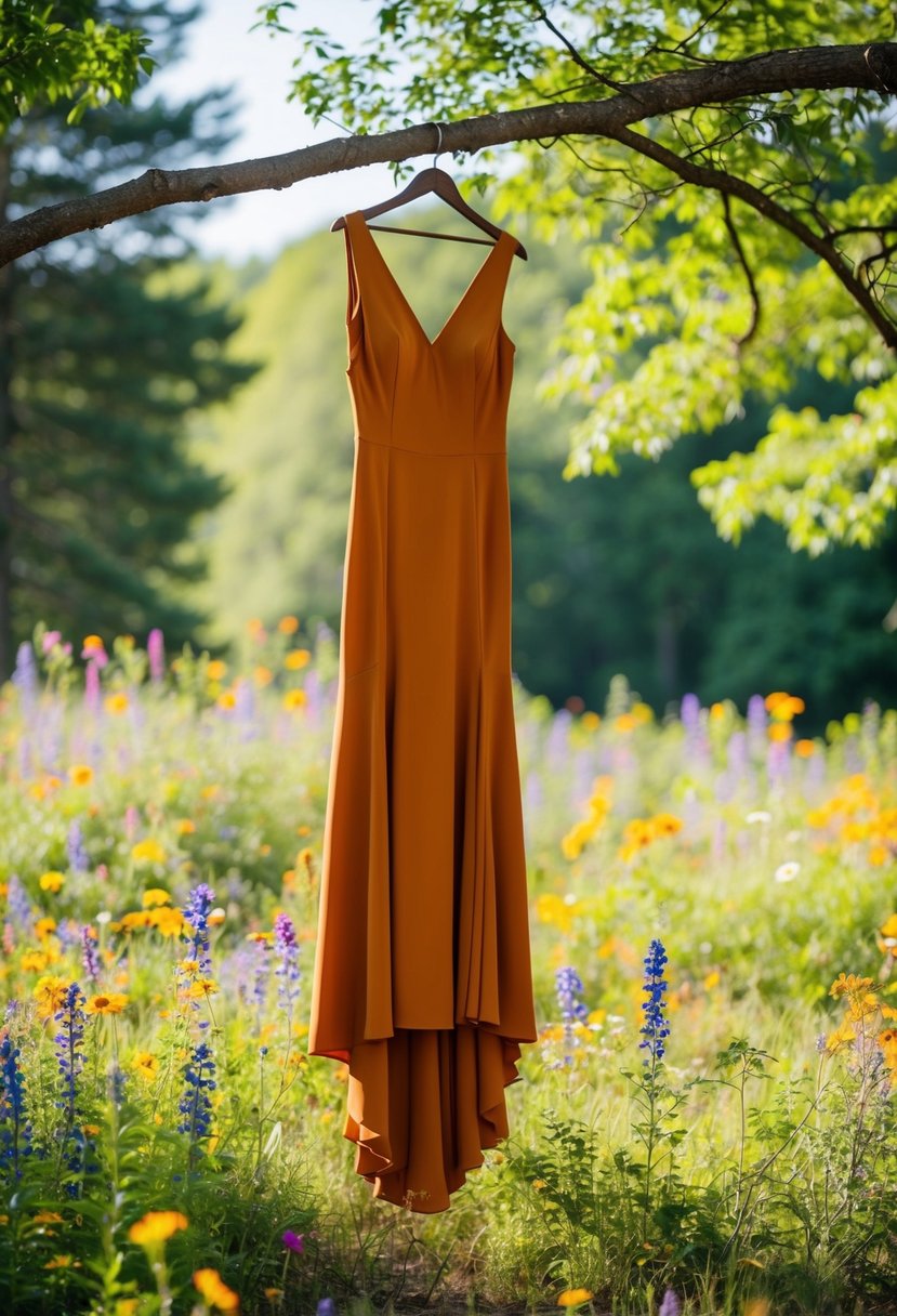 A burnt orange gown hangs from a tree branch in a forest clearing, surrounded by colorful wildflowers and dappled sunlight