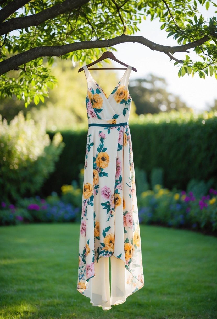 A flowing floral silk chiffon dress hanging from a tree branch in a garden