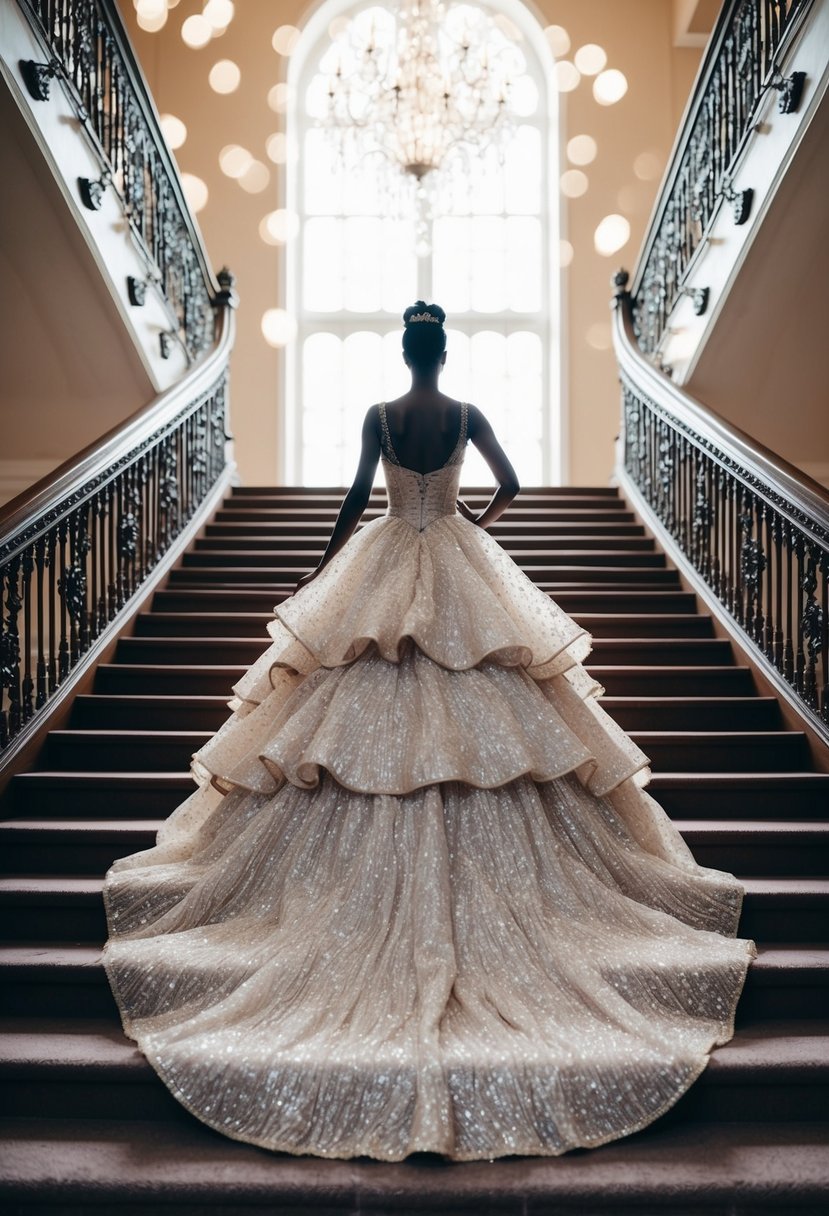 A shimmering, layered ball gown with a princess silhouette cascading down a grand staircase