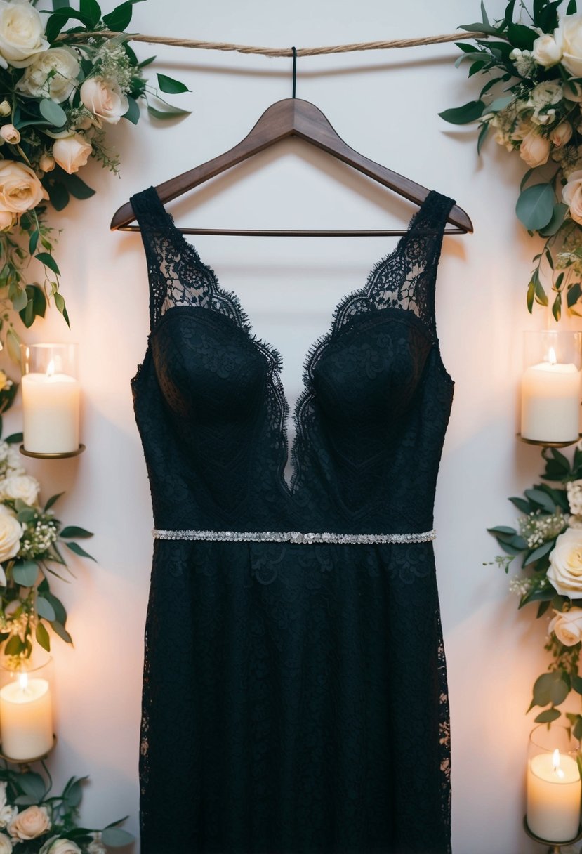 A black lace wedding dress hangs on a vintage wooden hanger, surrounded by soft candlelight and delicate floral arrangements