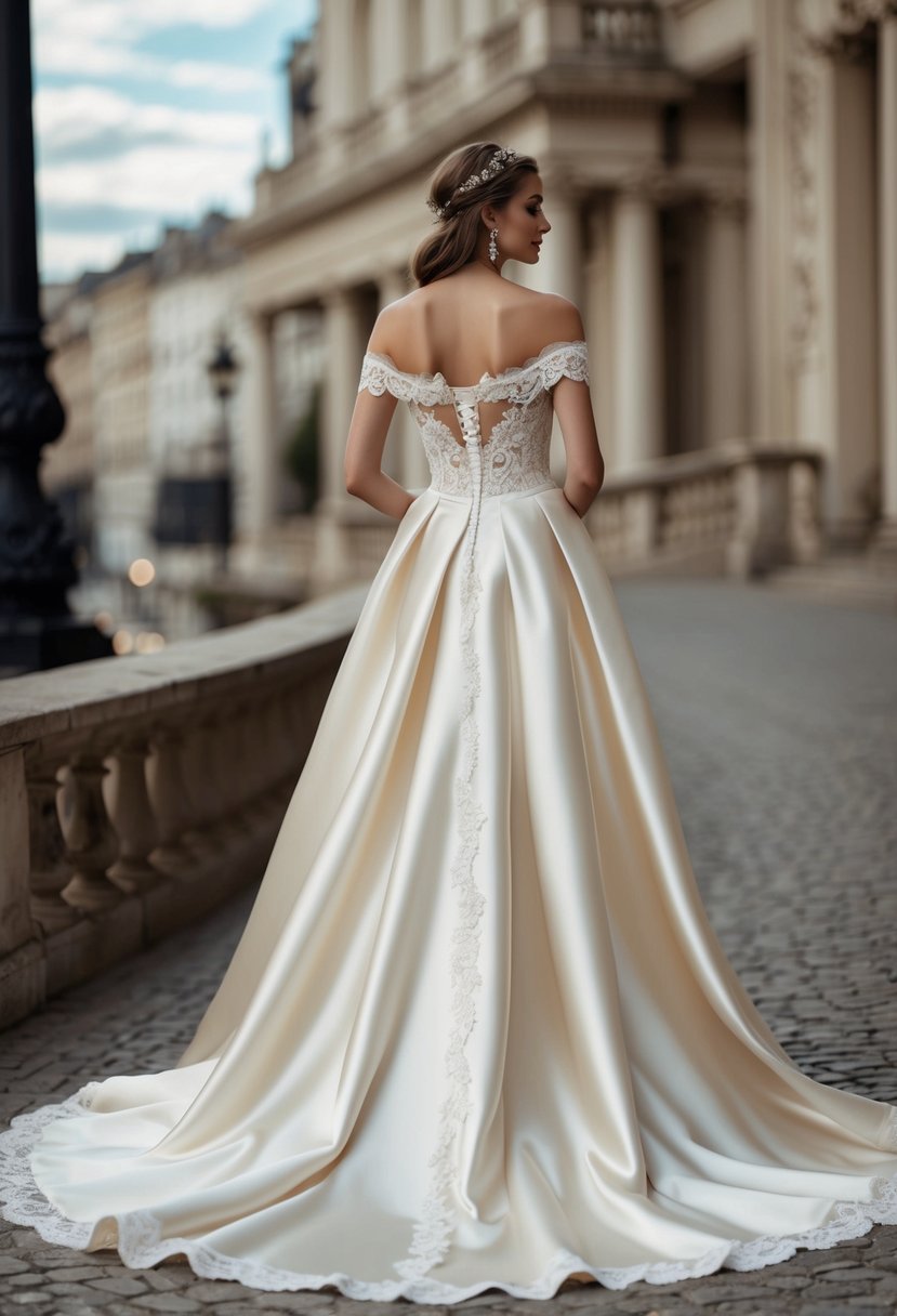 An elegant off-the-shoulder silk wedding dress with a flowing satin skirt, delicate lace details, and a romantic train