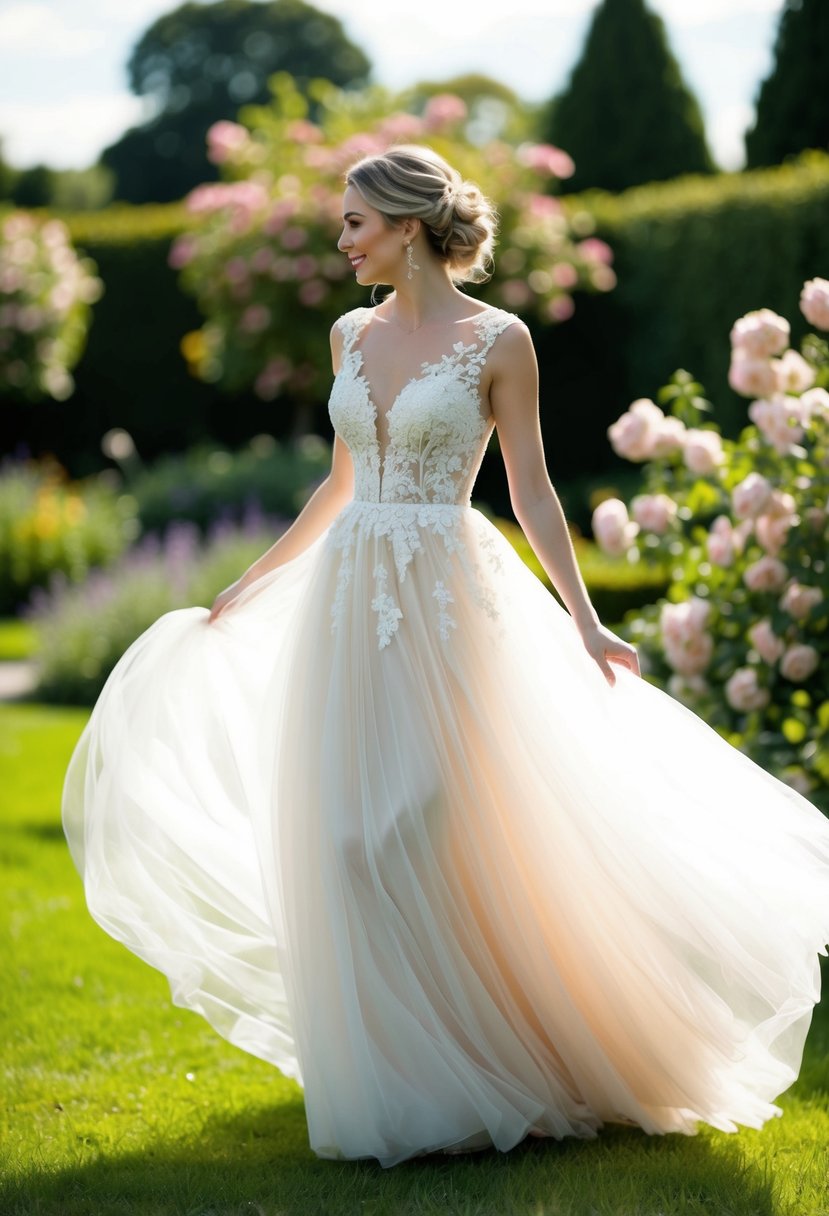 A bride twirls in a garden, wearing a flowing tulle A-line dress with delicate lace accents, surrounded by blooming flowers