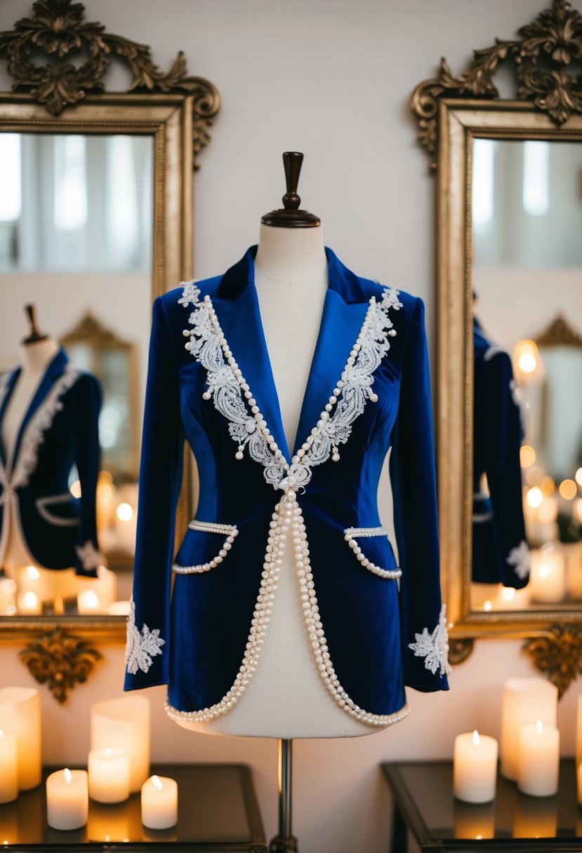 A cobalt blue velvet bridal suit displayed on a mannequin, adorned with intricate lace and pearl details, set against a backdrop of vintage mirrors and soft candlelight