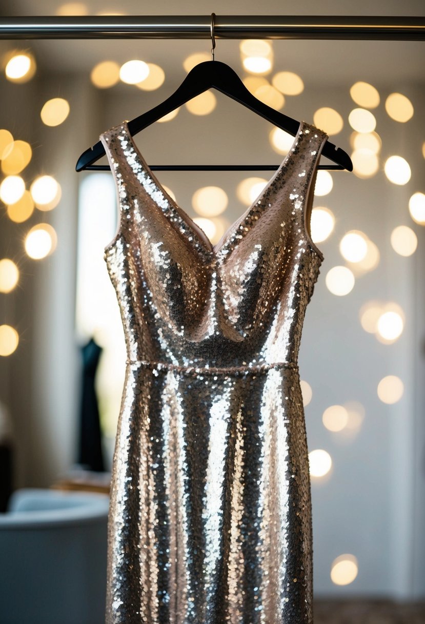 A shimmering metallic sequin dress hangs on a mannequin, catching the light and casting sparkles across the room