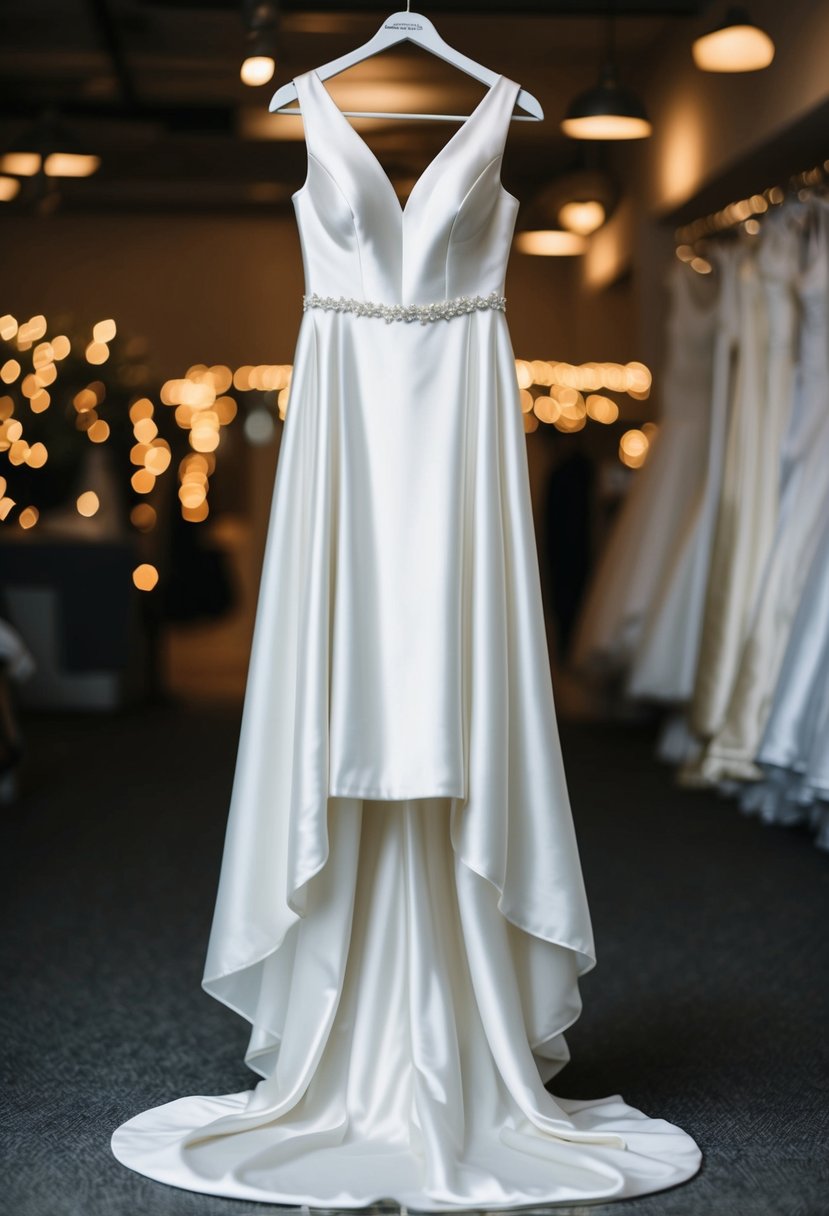 A flowing silk wedding dress drapes elegantly over a hanger, with a high-low hem creating a graceful silhouette