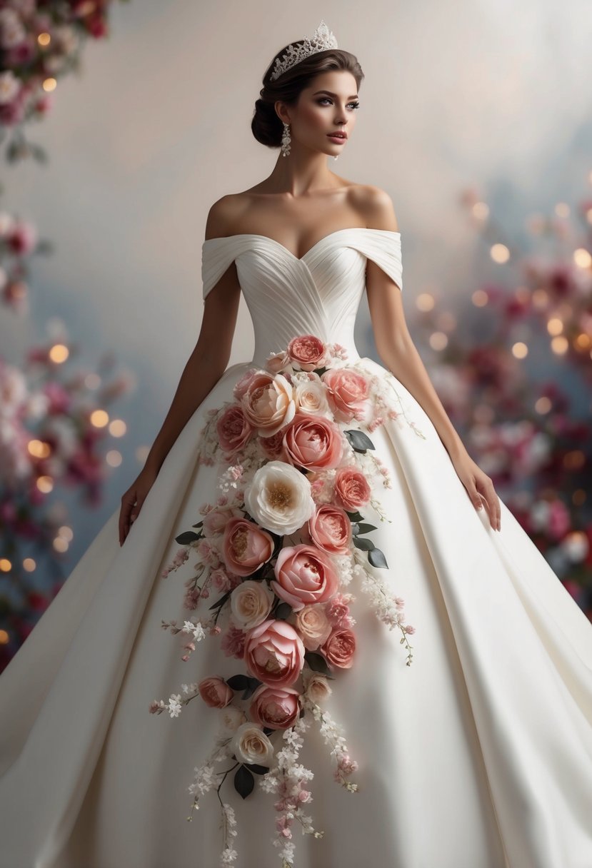 An off-the-shoulder princess dress with 3D florals cascading down the A-line silhouette, creating a romantic and elegant wedding gown