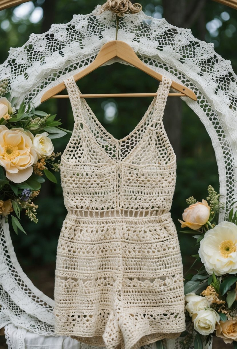 A crocheted lace jumpsuit hanging on a wooden hanger, surrounded by vintage lace and floral accents