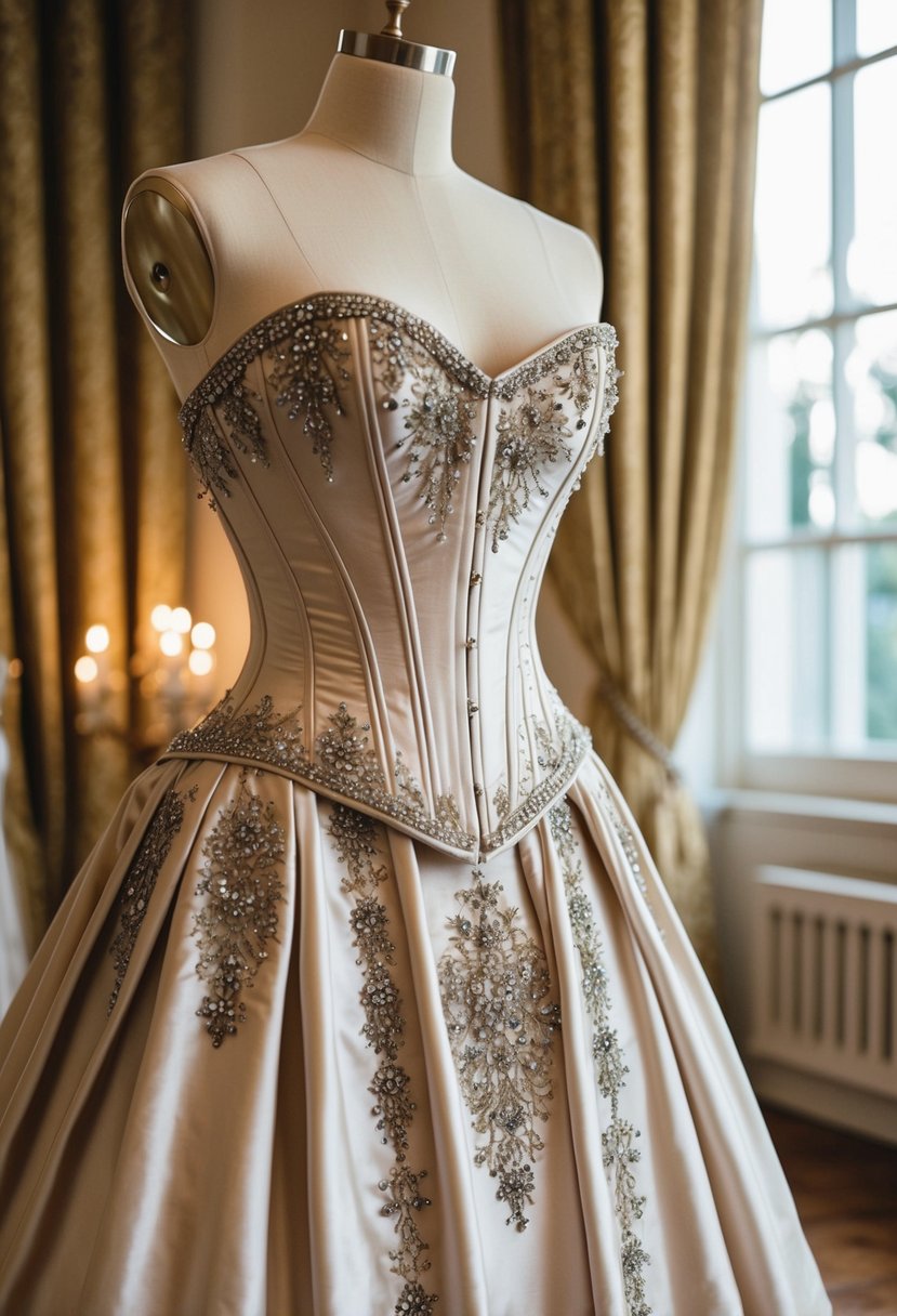 A luxurious silk corset gown adorned with intricate embellishments, cascading gracefully to the floor