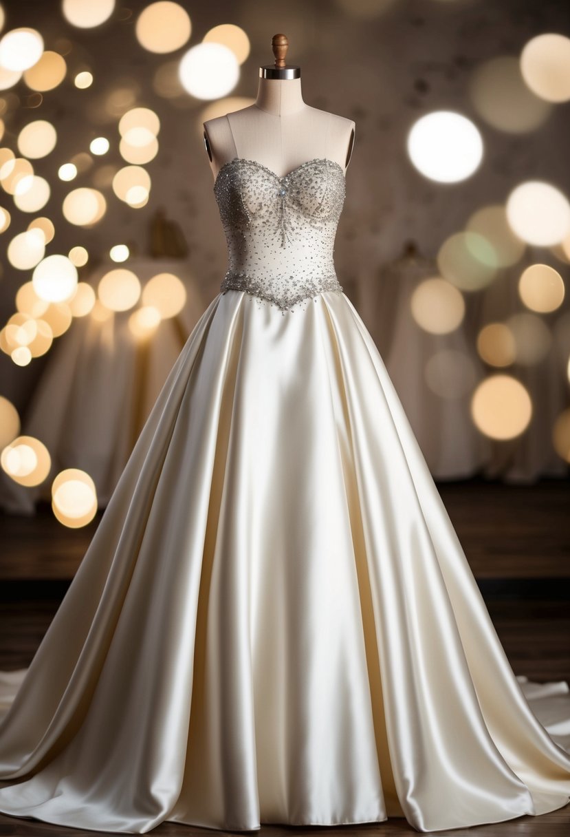 A grand, flowing satin gown with a sparkling beaded bodice, fit for a princess