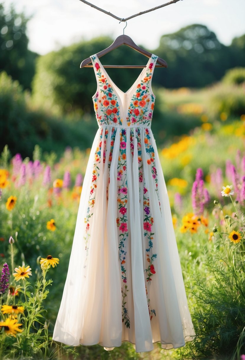 A flowing floral embroidered dress hanging on a rustic wooden hanger, surrounded by colorful wildflowers and greenery