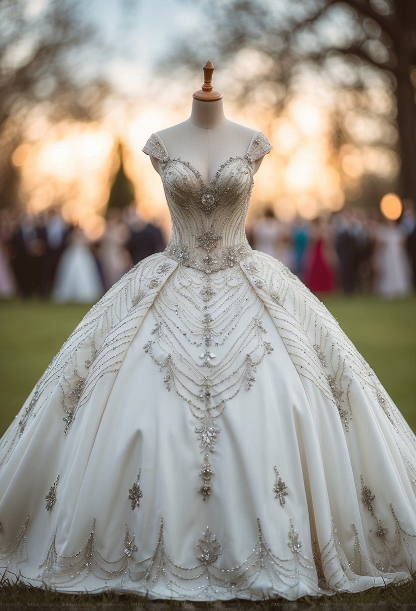 A fairytale-inspired ballgown adorned with intricate beading, fit for a princess on her wedding day