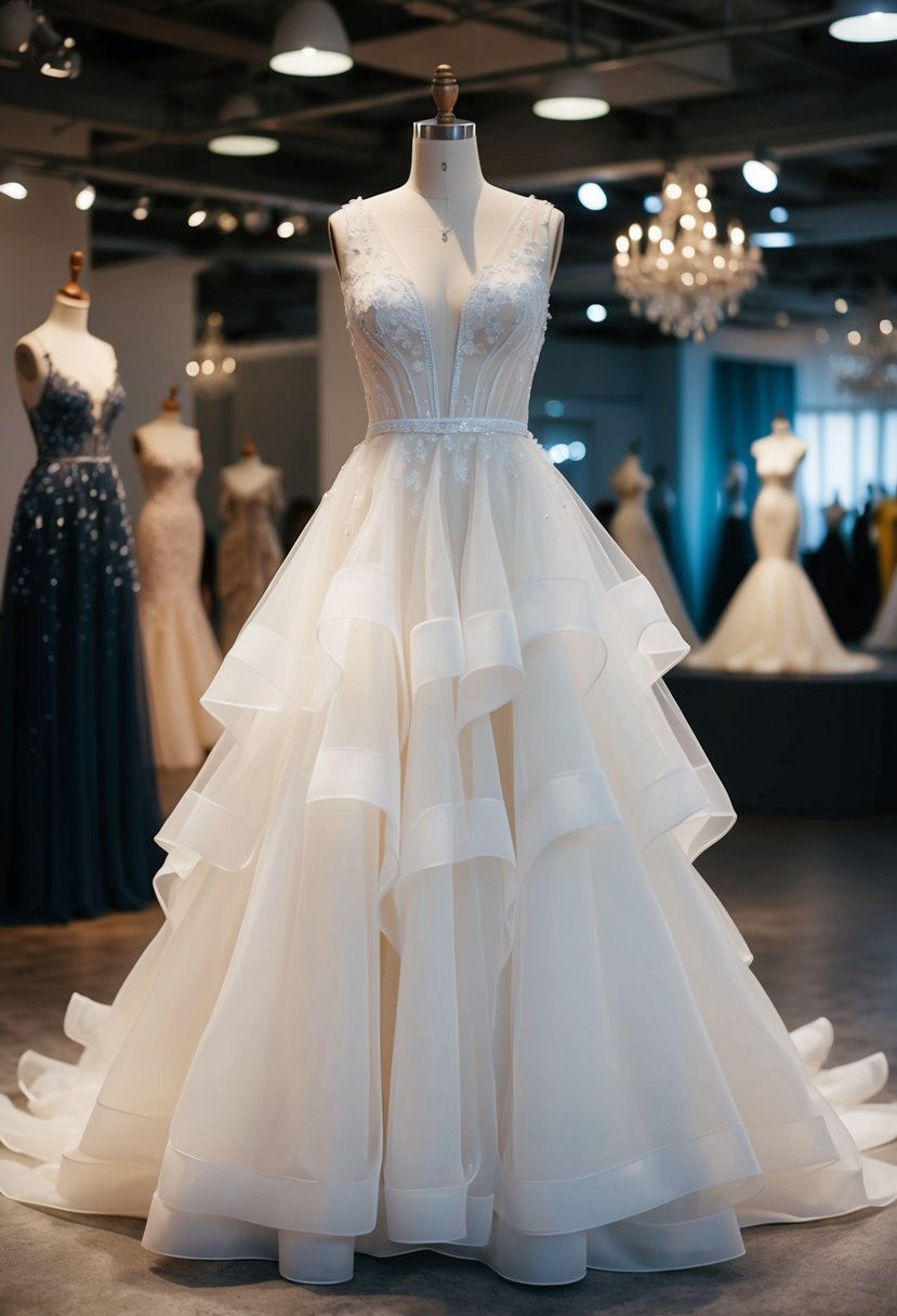 A silk and tulle layered wedding dress on a mannequin