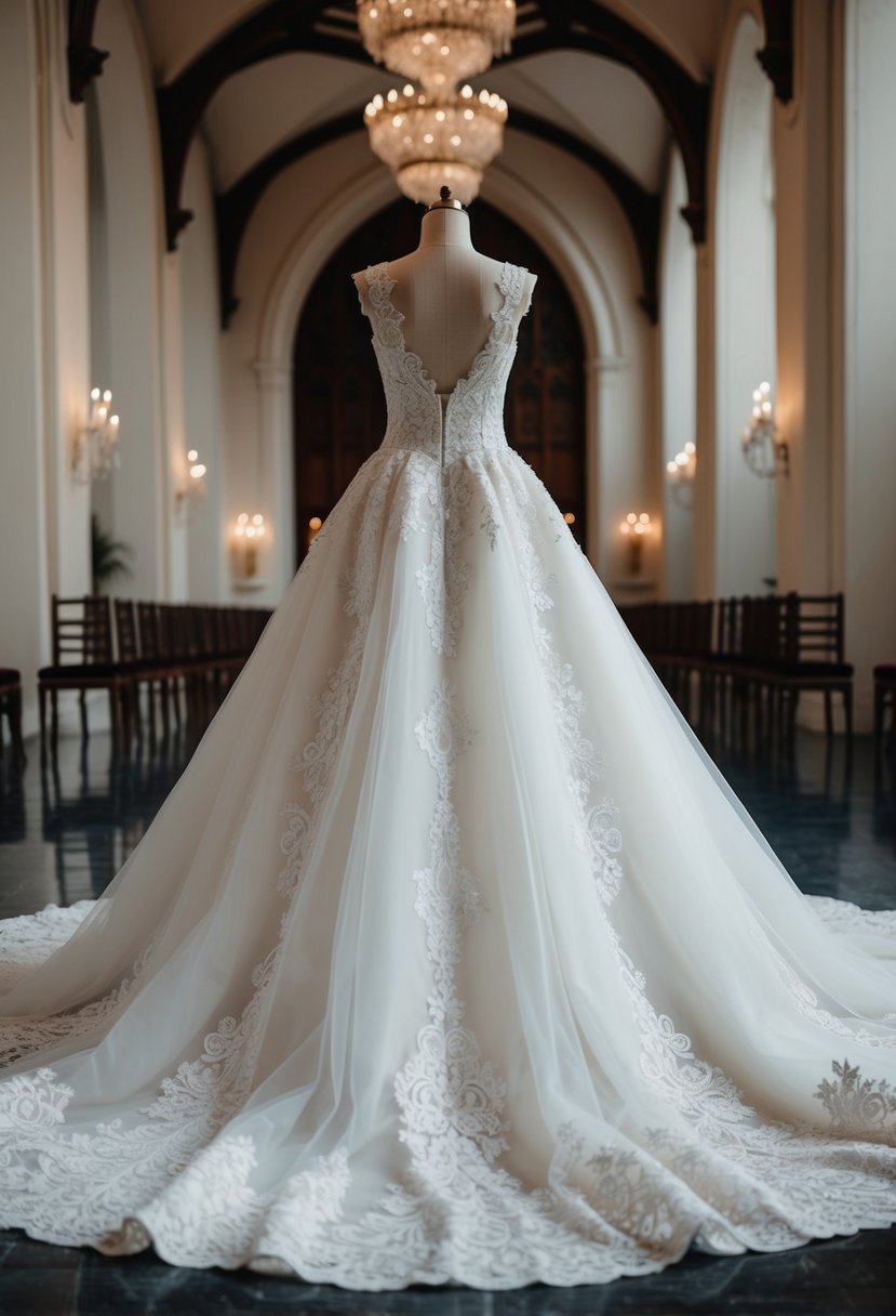 A grand, flowing A-line wedding dress with intricate lace and tulle details, featuring a majestic chapel train