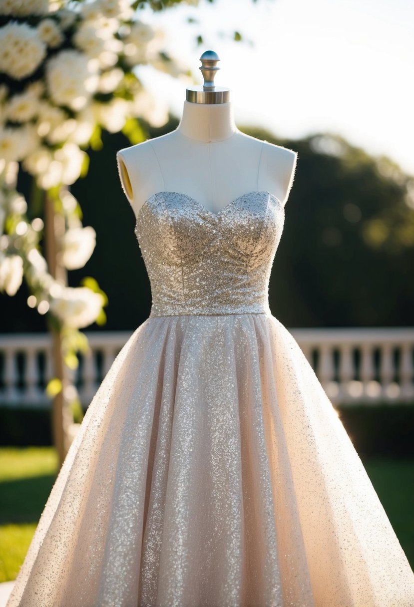 A sparkly strapless gown with a glittery finish, flowing in an A-line silhouette, catching the light in a romantic wedding setting