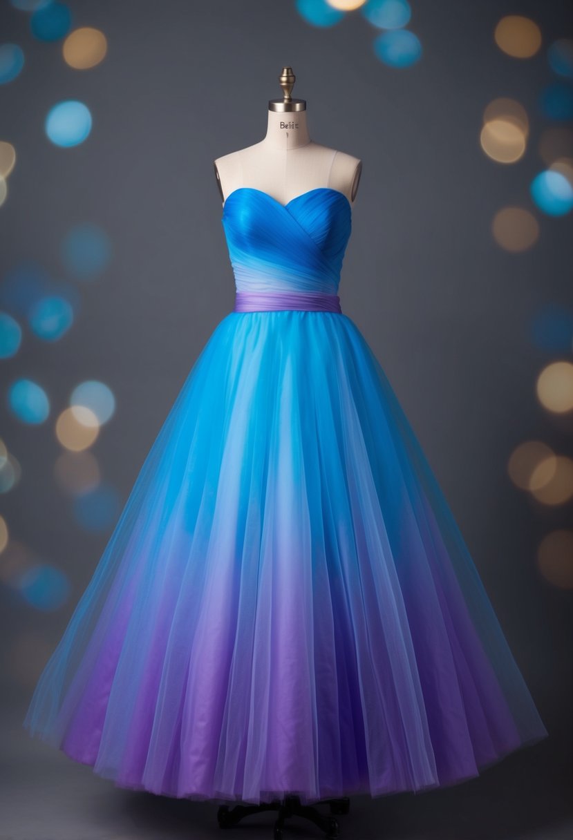 A flowing tulle dress in shades of blue and purple, with a gradient effect from top to bottom