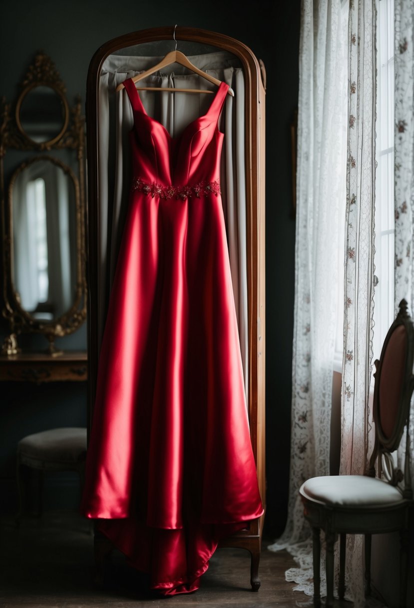 A red satin gown hangs on a vintage coat rack in a dimly lit room, surrounded by antique mirrors and delicate lace curtains