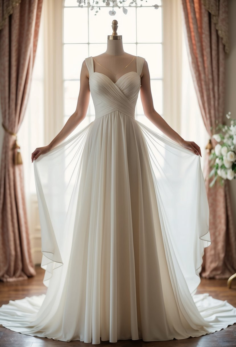 An elegant A-line dress with a sweetheart neckline flowing gracefully in a romantic setting