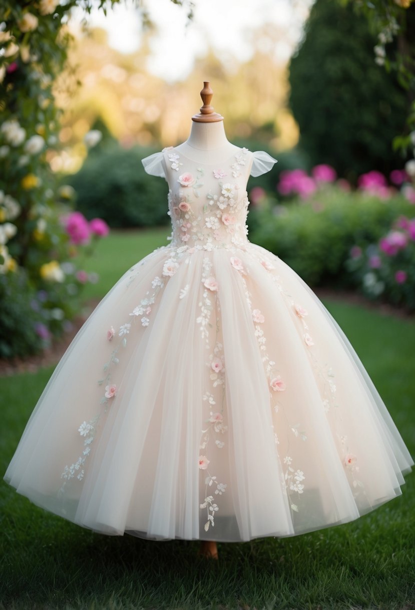 A whimsical tulle ball gown adorned with delicate floral appliqués floats gracefully in a dreamy, enchanted garden setting