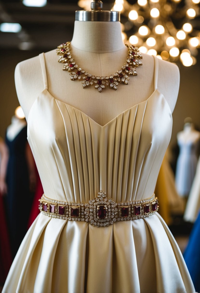 A royal-inspired satin dress with a jewel-encrusted belt hangs on a mannequin, exuding elegance and grandeur