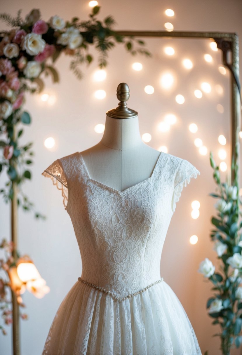 A vintage lace princess dress with cap sleeves hangs on a mannequin, surrounded by delicate floral accents and soft lighting